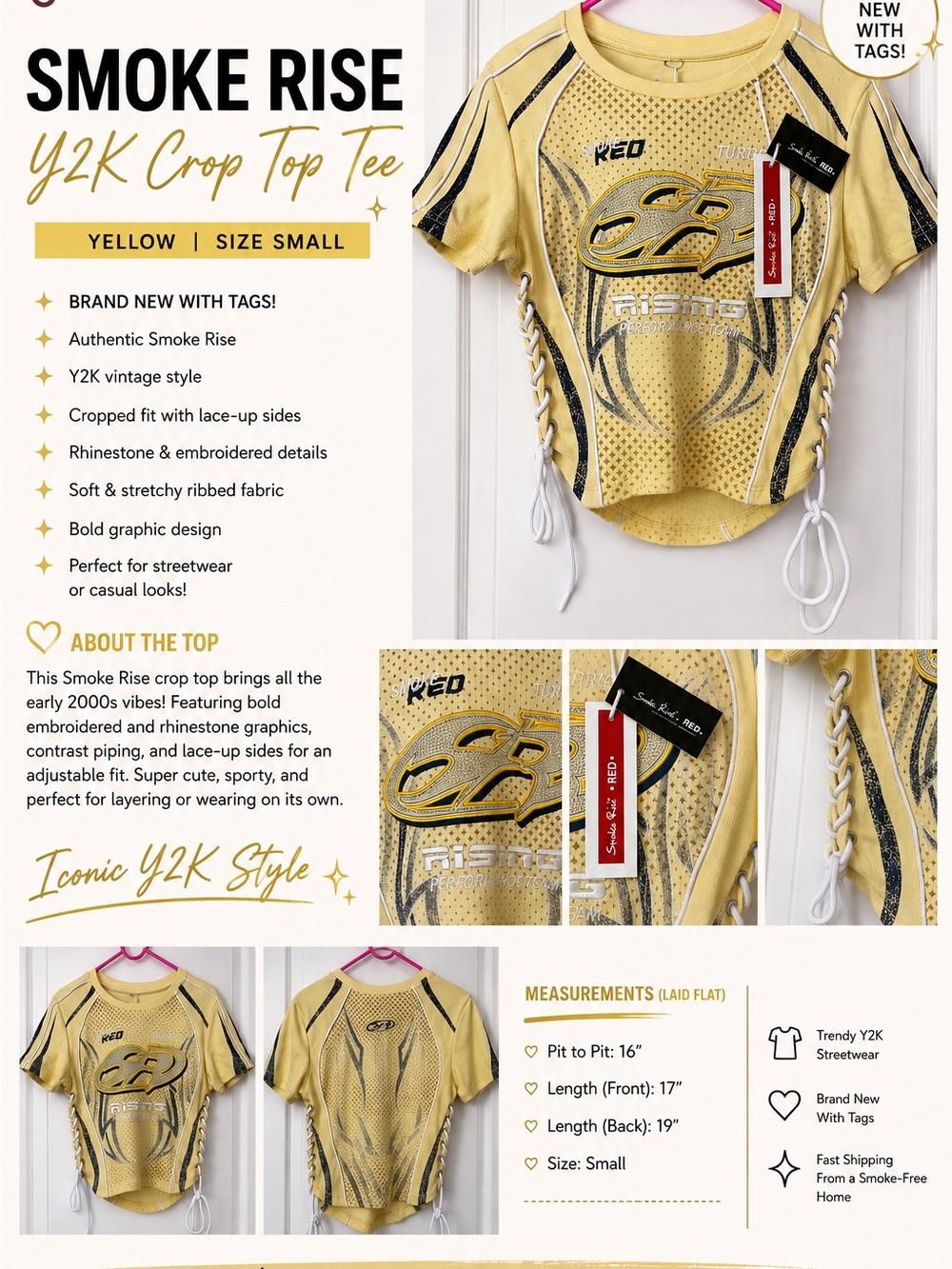 Smoke Rise Yellow Lace-Up Y2K Crop Top Tee